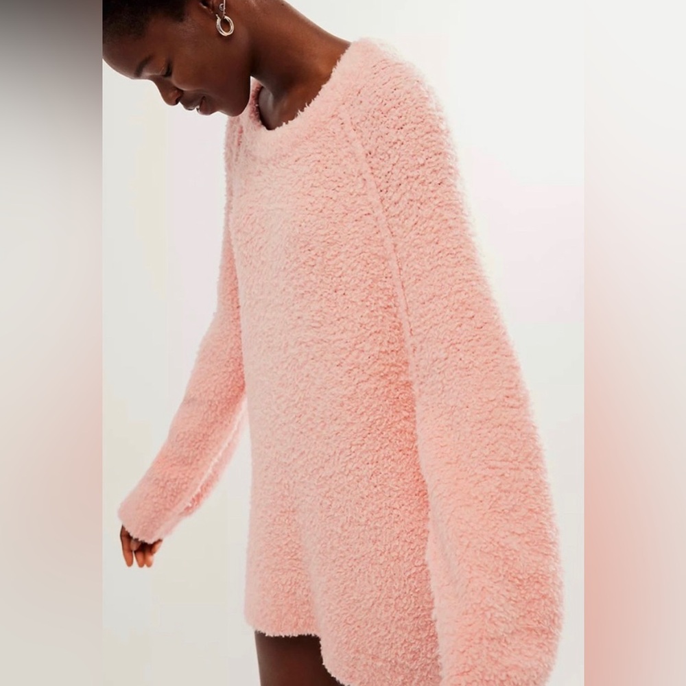 Free People Wool Blend Teddy Sweater Tunic, Pink Rosette, sz XS